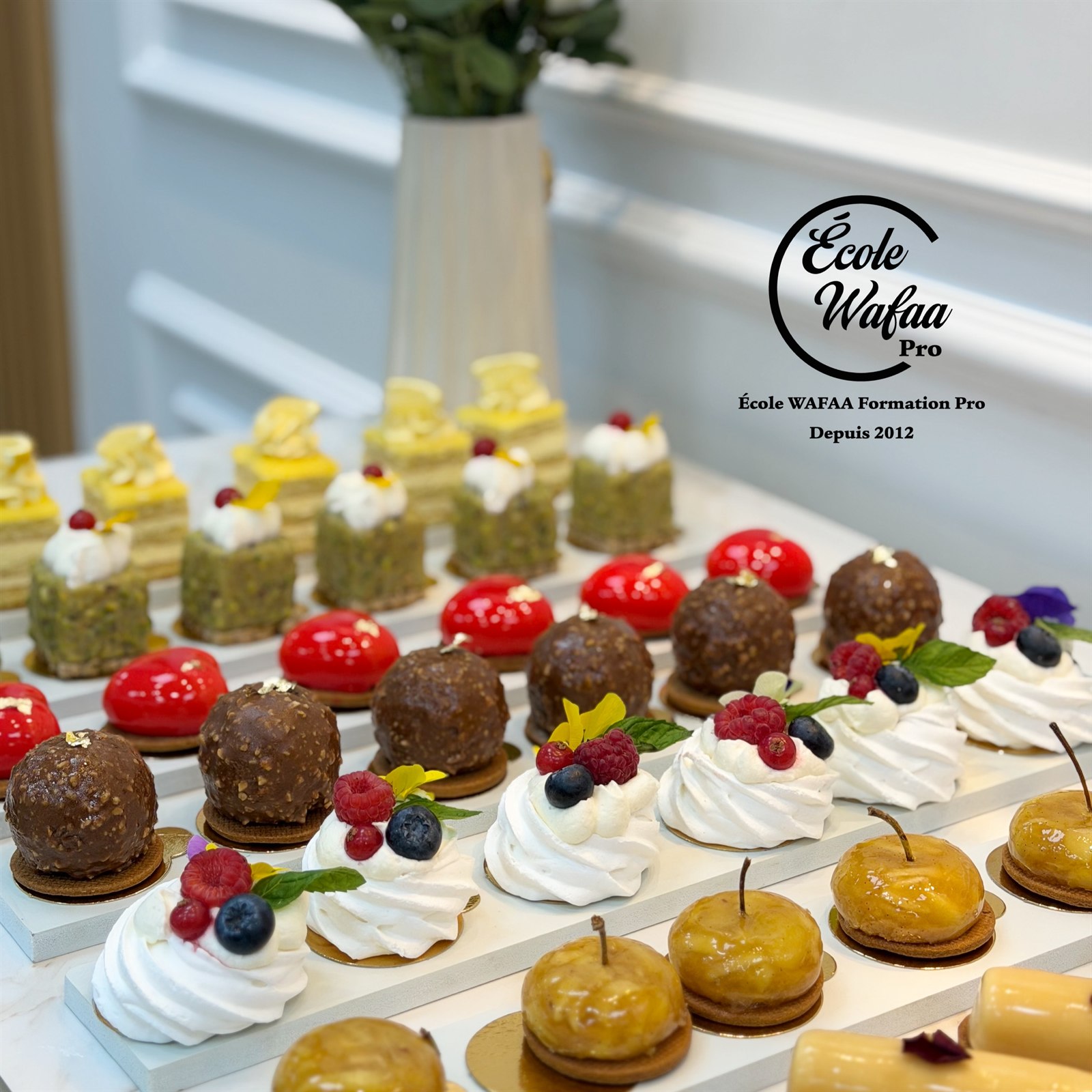 Entremets à glaçage miroir et meringues réalisés en atelier de pâtisserie fine